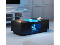 Mesa De Centro|Hauss Spole Mesa de centro retangular 100x50x35,5cm com 2 gavetas laterais e tampo de vidro, LED, preta Preto