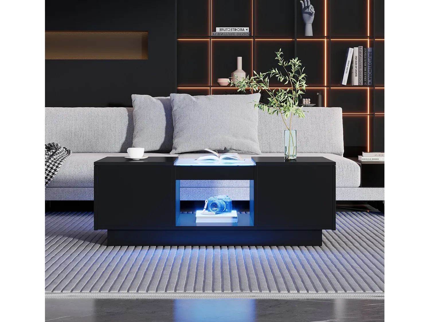 Mesa De Centro|Hauss Spole Mesa de centro retangular 100x50x35,5cm com 2 gavetas laterais e tampo de vidro, LED, preta Preto
