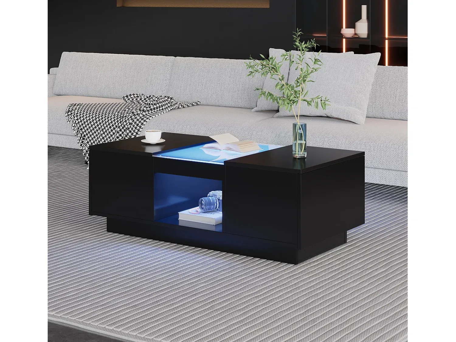 Mesa De Centro|Hauss Spole Mesa de centro retangular 100x50x35,5cm com 2 gavetas laterais e tampo de vidro, LED, preta Preto