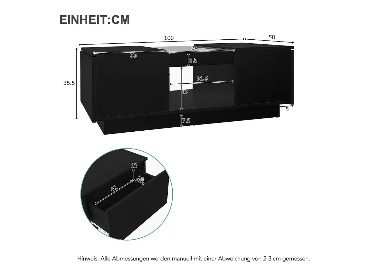 Mesa De Centro|Hauss Spole Mesa de centro retangular 100x50x35,5cm com 2 gavetas laterais e tampo de vidro, LED, preta Preto