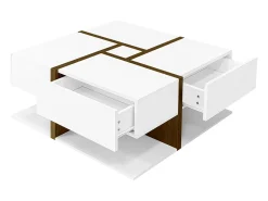 Mesa De Centro| Mesa de centro retangular de 78 cm com 4 gavetas ocultas, estilo moderno, design geométrico, mesa de sala em madeira - Branco
