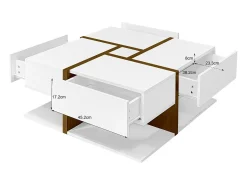Mesa De Centro| Mesa de centro retangular de 78 cm com 4 gavetas ocultas, estilo moderno, design geométrico, mesa de sala em madeira - Branco