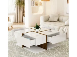 Mesa De Centro| Mesa de centro retangular de 78 cm com 4 gavetas ocultas, estilo moderno, design geométrico, mesa de sala em madeira - Branco