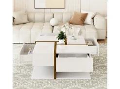 Mesa De Centro| Mesa de centro retangular de 78 cm com 4 gavetas ocultas, estilo moderno, design geométrico, mesa de sala em madeira - Branco