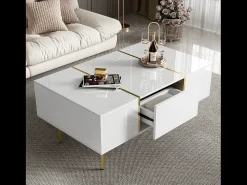 Outlet Mesa de centro retangular com 2 gavetas, mesa de centro de madeira com detalhes dourados, branca Branco