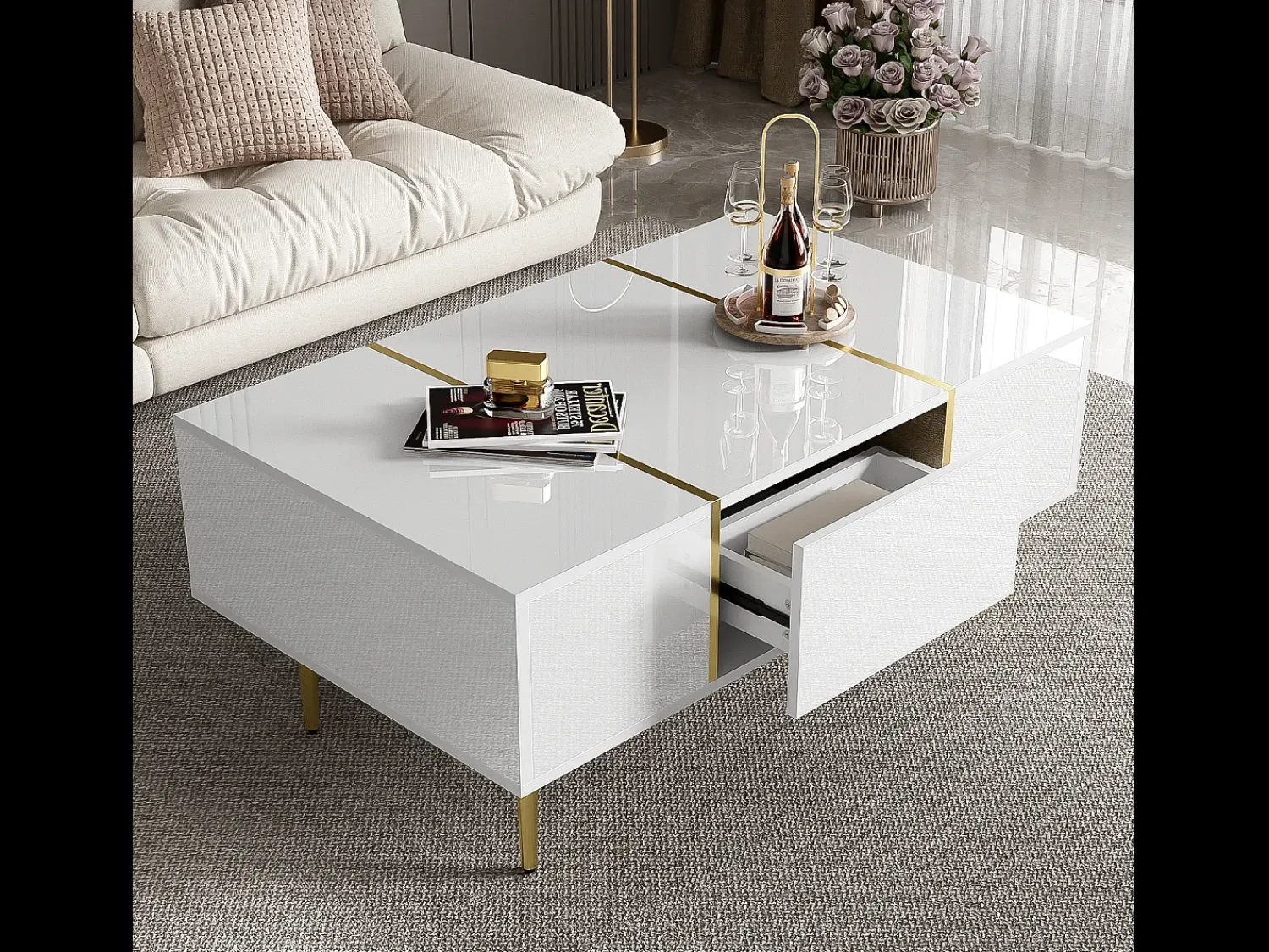Outlet Mesa de centro retangular com 2 gavetas, mesa de centro de madeira com detalhes dourados, branca Branco
