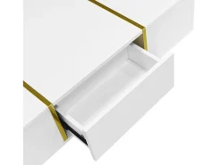 Outlet Mesa de centro retangular com 2 gavetas, mesa de centro de madeira com detalhes dourados, branca Branco