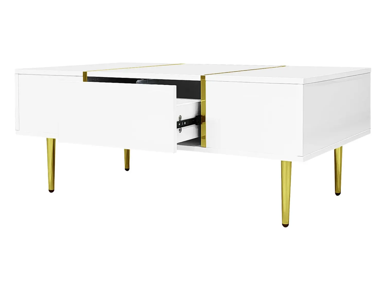Outlet Mesa de centro retangular com 2 gavetas, mesa de centro de madeira com detalhes dourados, branca Branco
