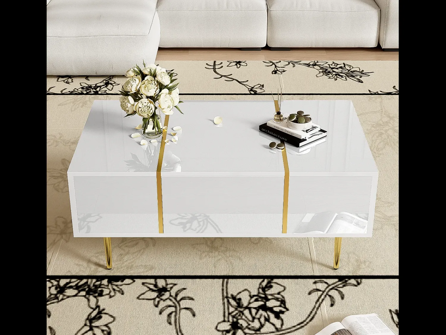 Outlet Mesa de centro retangular com 2 gavetas, mesa de centro de madeira com detalhes dourados, branca Branco