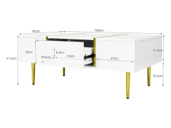 Outlet Mesa de centro retangular com 2 gavetas, mesa de centro de madeira com detalhes dourados, branca Branco