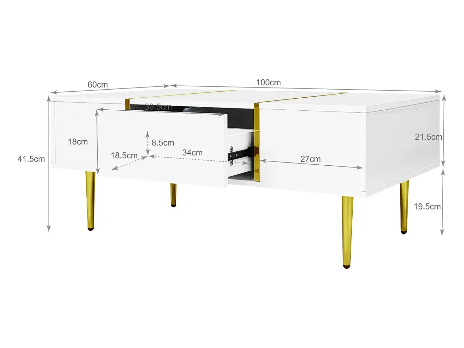 Outlet Mesa de centro retangular com 2 gavetas, mesa de centro de madeira com detalhes dourados, branca Branco