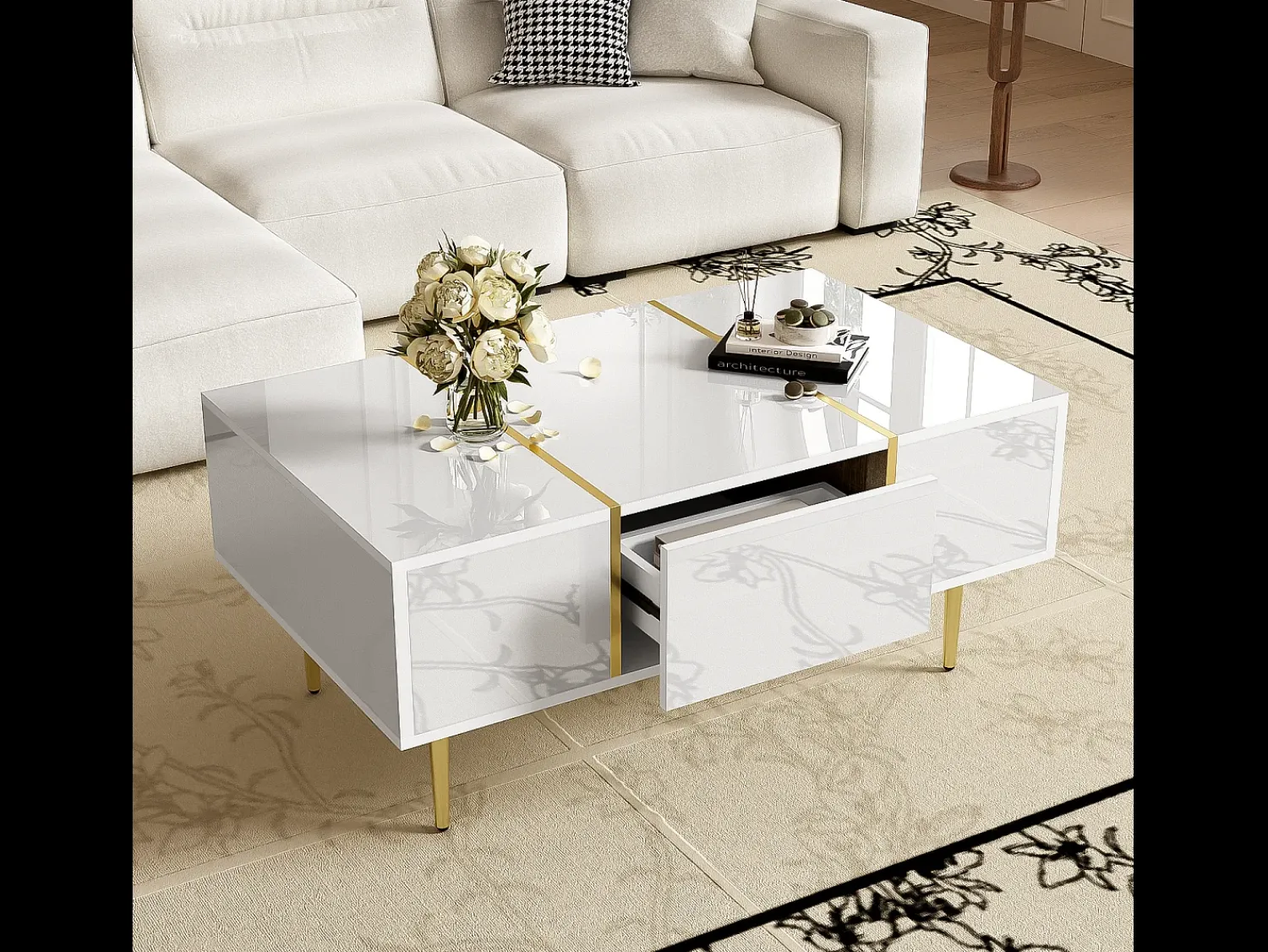 Outlet Mesa de centro retangular com 2 gavetas, mesa de centro de madeira com detalhes dourados, branca Branco
