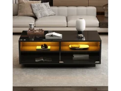 Mesa De Centro*Hauss Spole Mesa de centro retangular 94x50x34cm com 2 gavetas, LED incluído, corpo em laca preta brilhante Preto