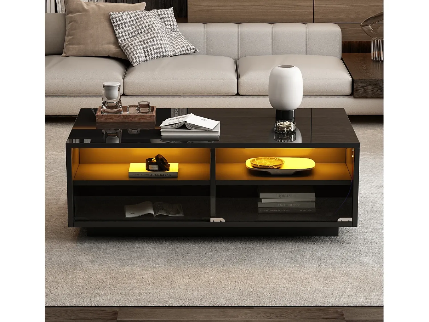 Mesa De Centro*Hauss Spole Mesa de centro retangular 94x50x34cm com 2 gavetas, LED incluído, corpo em laca preta brilhante Preto