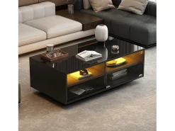 Mesa De Centro*Hauss Spole Mesa de centro retangular 94x50x34cm com 2 gavetas, LED incluído, corpo em laca preta brilhante Preto