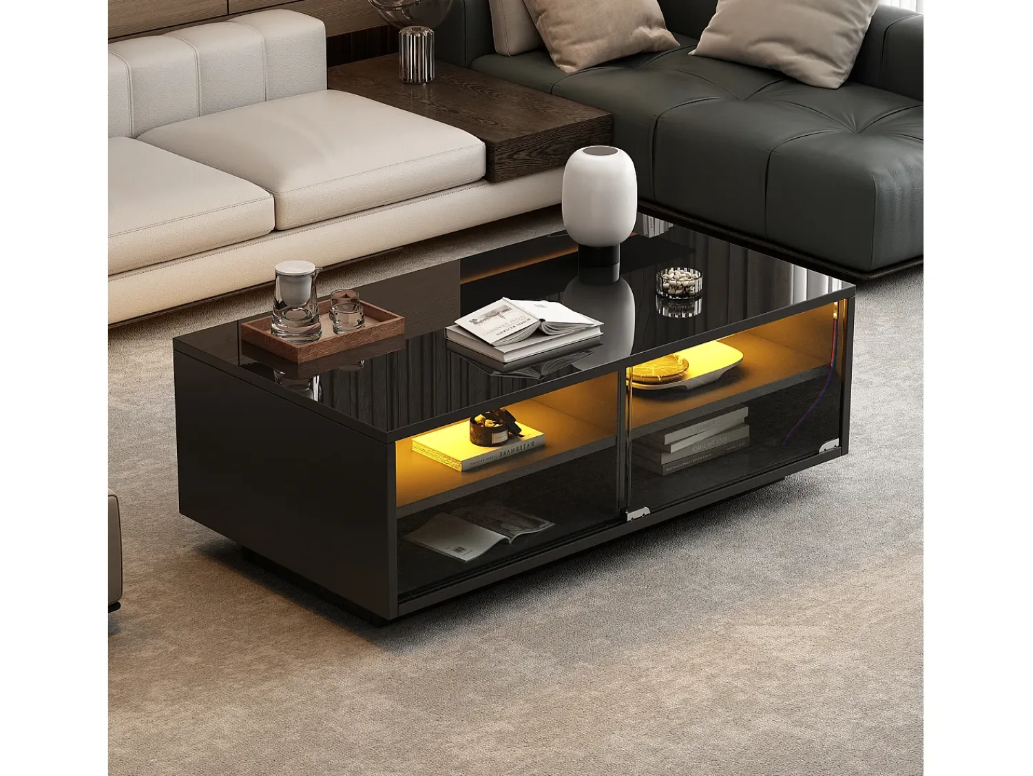 Mesa De Centro*Hauss Spole Mesa de centro retangular 94x50x34cm com 2 gavetas, LED incluído, corpo em laca preta brilhante Preto