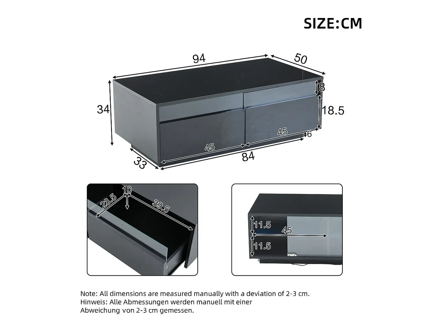 Mesa De Centro*Hauss Spole Mesa de centro retangular 94x50x34cm com 2 gavetas, LED incluído, corpo em laca preta brilhante Preto