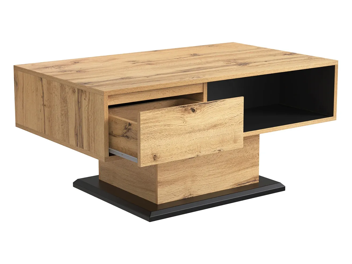 Mesa de centro retangular em carvalho e antracite, 100 x 60 x 47 cm, com gaveta e 2 prateleiras.^ Mesa De Centro