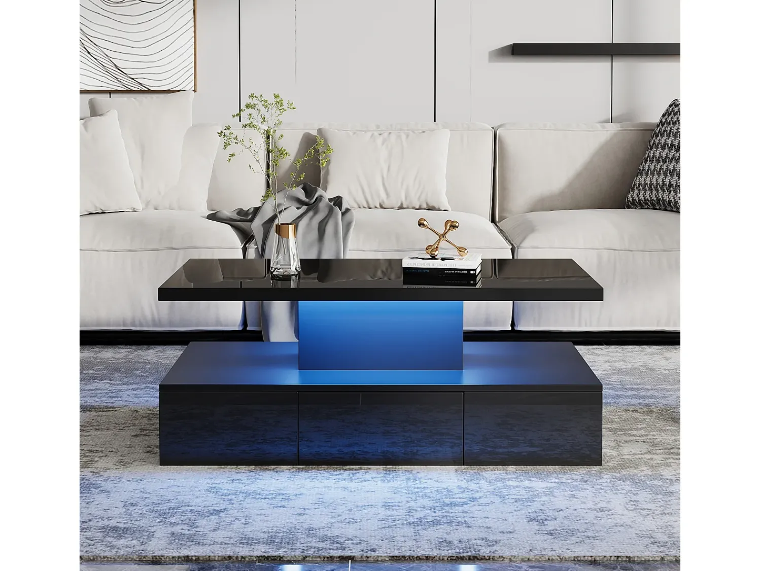 Mesa De Centro|Hauss Spole Mesa de centro retangular moderna lacada a com gaveta e LED Preto