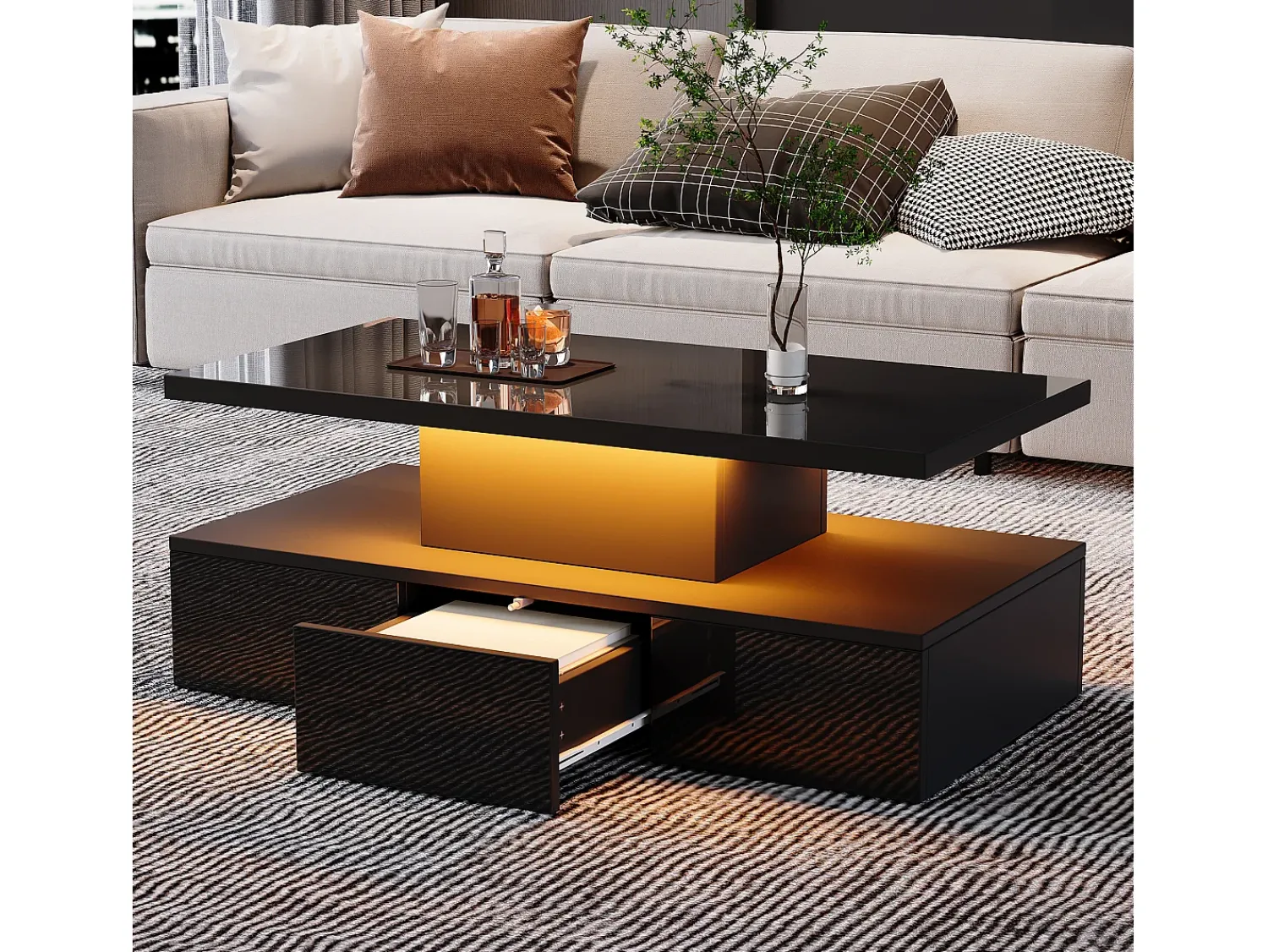 Mesa De Centro|Hauss Spole Mesa de centro retangular moderna lacada a com gaveta e LED Preto