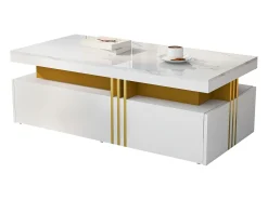Discount Mesa de centro retangular - Mesa de centro com 2 gavetas e tampo brilhante - Tampo em mármore - para sala de estar Branco