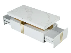 Discount Mesa de centro retangular - Mesa de centro com 2 gavetas e tampo brilhante - Tampo em mármore - para sala de estar Branco