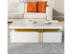 Discount Mesa de centro retangular - Mesa de centro com 2 gavetas e tampo brilhante - Tampo em mármore - para sala de estar Branco