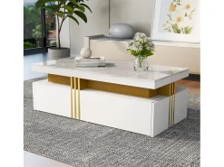 Discount Mesa de centro retangular - Mesa de centro com 2 gavetas e tampo brilhante - Tampo em mármore - para sala de estar Branco