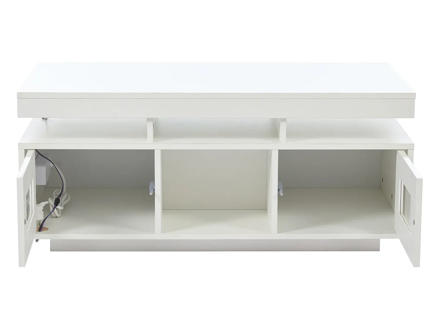 Discount Hauss Spole Mesa de centro retangular 100x50x43cm com 2 portas e nicho, LED, portas USB e tomada incluídas, corpo em laca branca brilhante Branco