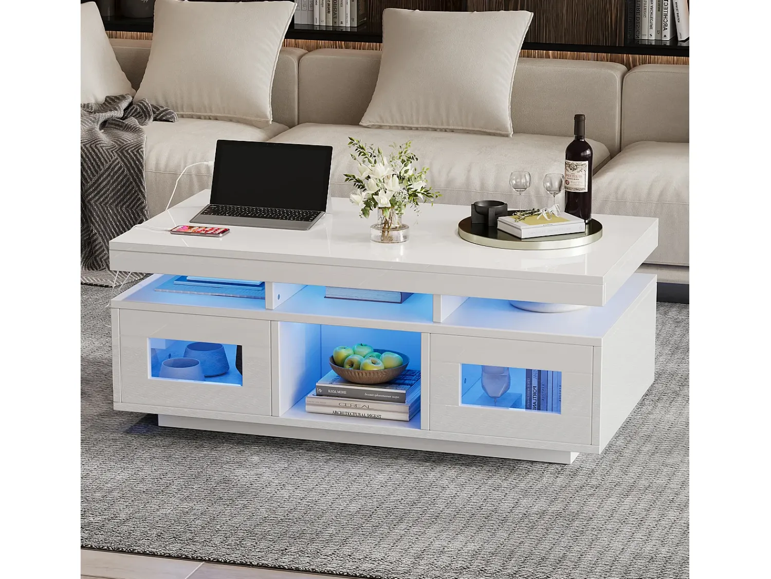 Discount Hauss Spole Mesa de centro retangular 100x50x43cm com 2 portas e nicho, LED, portas USB e tomada incluídas, corpo em laca branca brilhante Branco