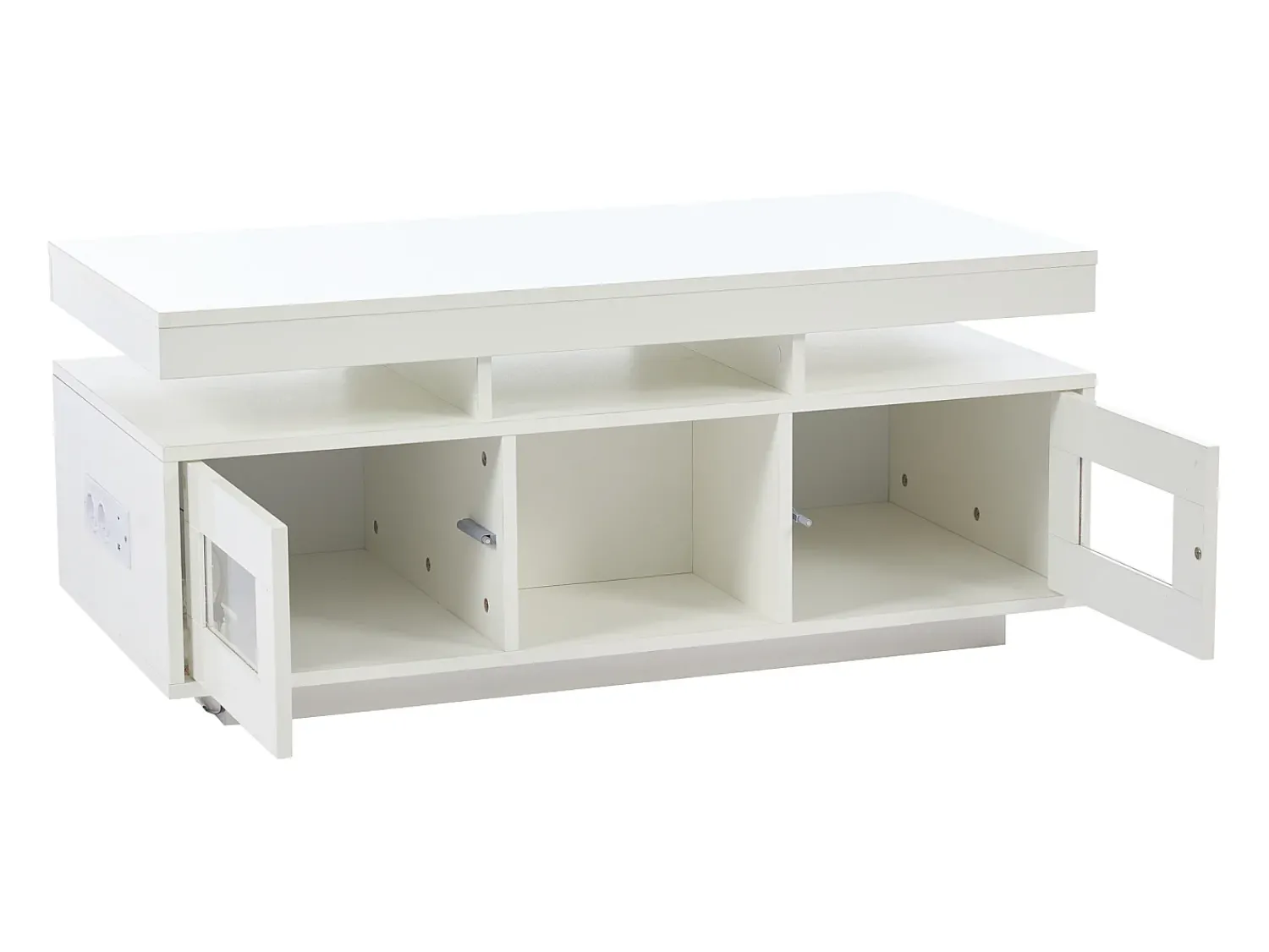 Discount Hauss Spole Mesa de centro retangular 100x50x43cm com 2 portas e nicho, LED, portas USB e tomada incluídas, corpo em laca branca brilhante Branco