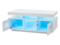 Discount Hauss Spole Mesa de centro retangular 100x50x43cm com 2 portas e nicho, LED, portas USB e tomada incluídas, corpo em laca branca brilhante Branco