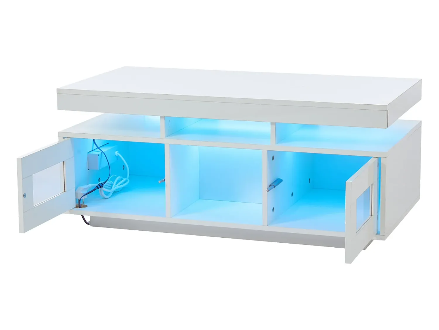 Discount Hauss Spole Mesa de centro retangular 100x50x43cm com 2 portas e nicho, LED, portas USB e tomada incluídas, corpo em laca branca brilhante Branco