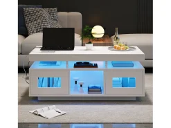 Discount Hauss Spole Mesa de centro retangular 100x50x43cm com 2 portas e nicho, LED, portas USB e tomada incluídas, corpo em laca branca brilhante Branco