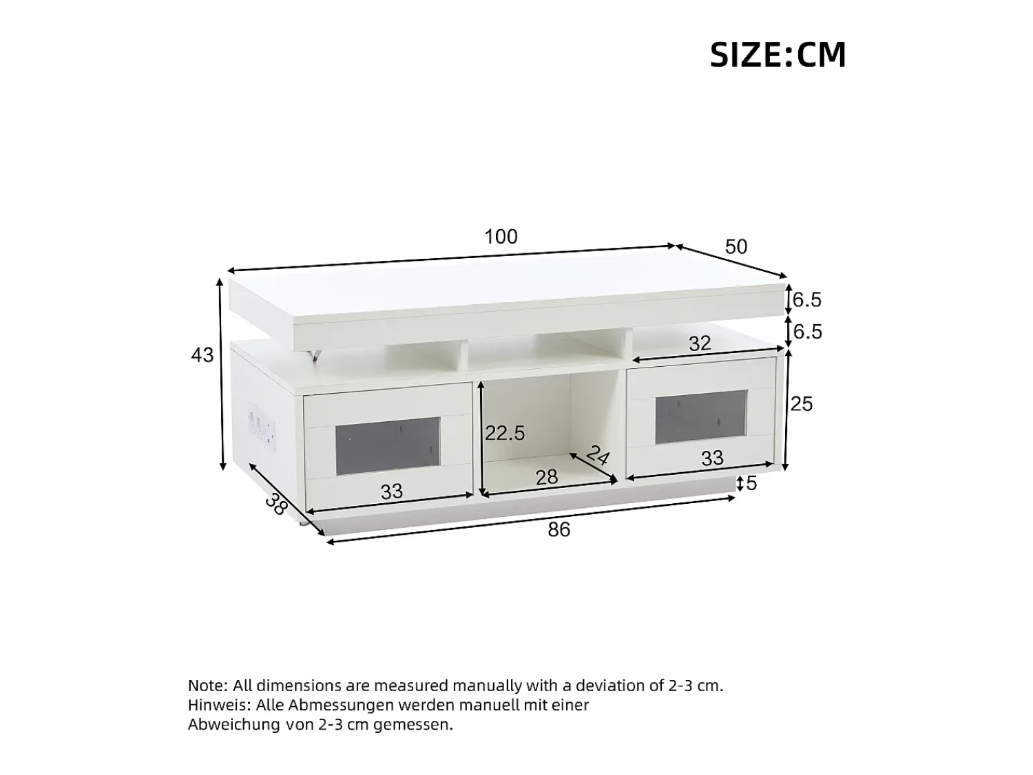 Discount Hauss Spole Mesa de centro retangular 100x50x43cm com 2 portas e nicho, LED, portas USB e tomada incluídas, corpo em laca branca brilhante Branco