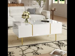 Mesa De Centro|Hauss Spole Mesa de centro retangular 100x60x41,5cm com 2 gavetas, corpo em laca branca com detalhes dourados Branco