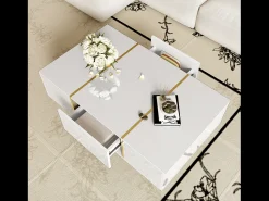 Mesa De Centro|Hauss Spole Mesa de centro retangular 100x60x41,5cm com 2 gavetas, corpo em laca branca com detalhes dourados Branco
