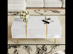 Mesa De Centro|Hauss Spole Mesa de centro retangular 100x60x41,5cm com 2 gavetas, corpo em laca branca com detalhes dourados Branco