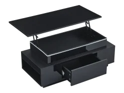 Hauss Spole Mesa de centro retangular 96x45x40cm com tampo elevatório e 1 gaveta, amplo espaço de arrumação integrado, LED incluído, corpo em laca preta brilhante^ Mesa De Centro