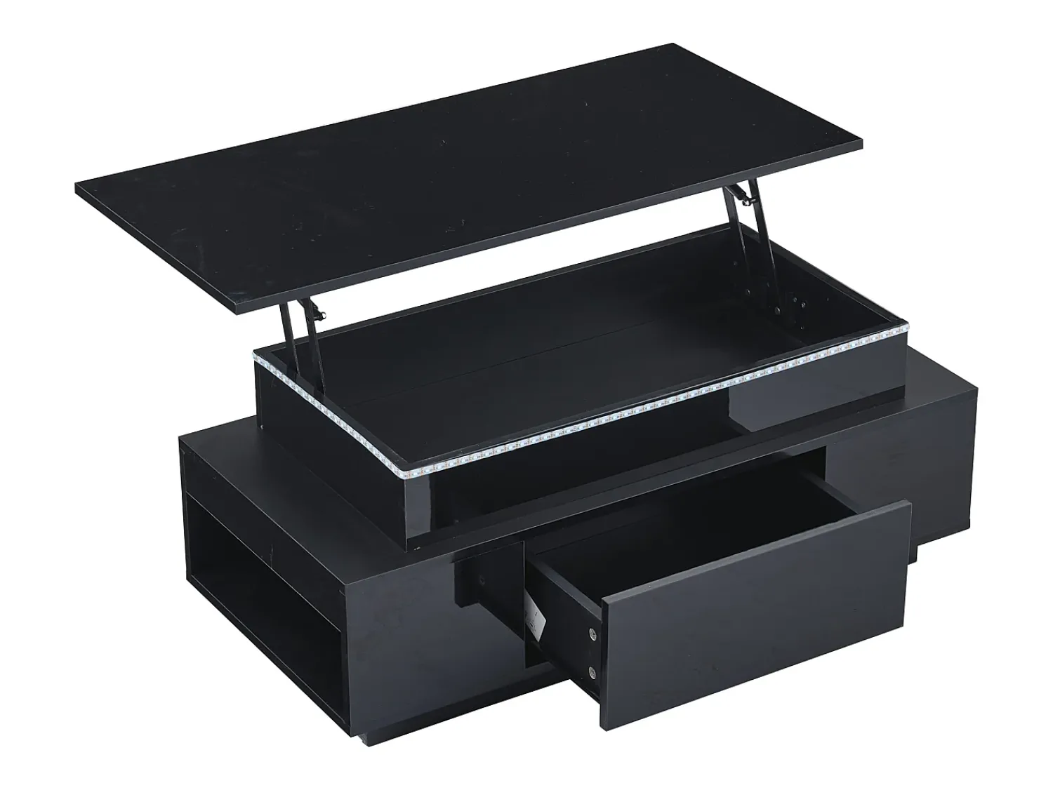 Hauss Spole Mesa de centro retangular 96x45x40cm com tampo elevatório e 1 gaveta, amplo espaço de arrumação integrado, LED incluído, corpo em laca preta brilhante^ Mesa De Centro