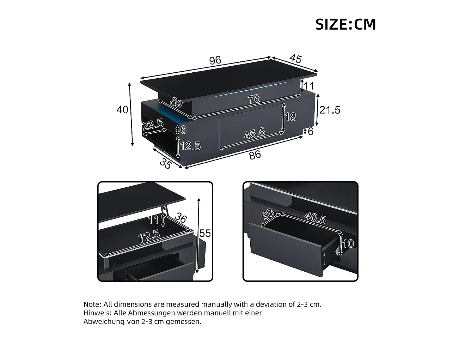 Hauss Spole Mesa de centro retangular 96x45x40cm com tampo elevatório e 1 gaveta, amplo espaço de arrumação integrado, LED incluído, corpo em laca preta brilhante^ Mesa De Centro