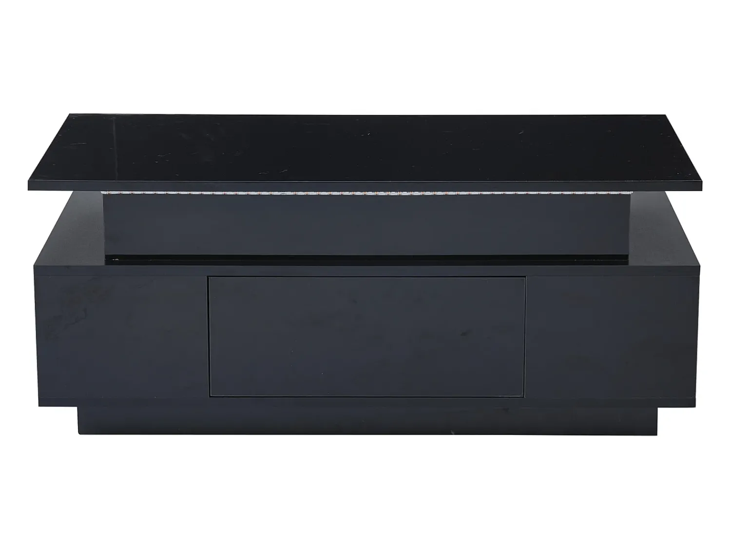 Hauss Spole Mesa de centro retangular 96x45x40cm com tampo elevatório e 1 gaveta, amplo espaço de arrumação integrado, LED incluído, corpo em laca preta brilhante^ Mesa De Centro