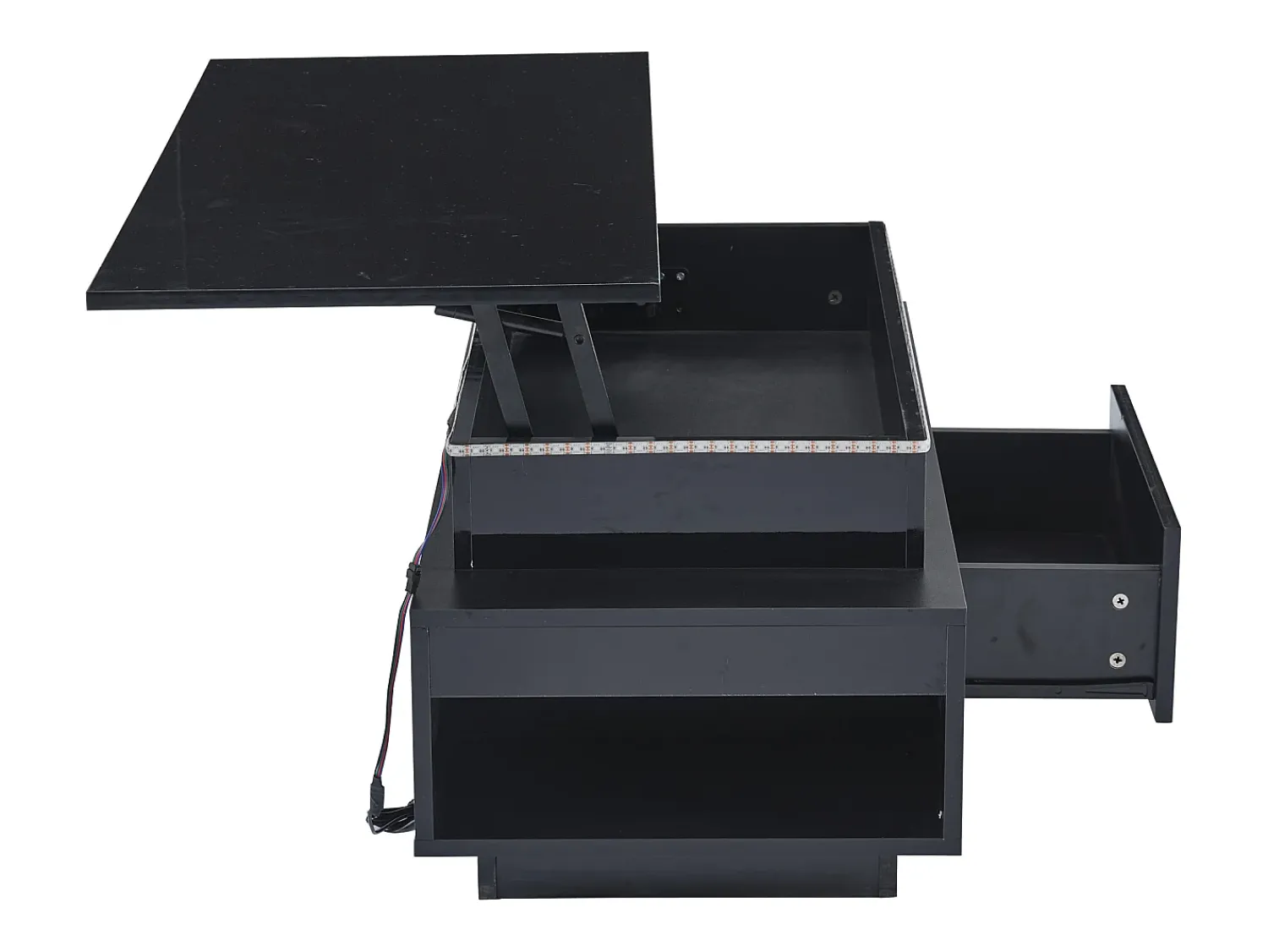 Hauss Spole Mesa de centro retangular 96x45x40cm com tampo elevatório e 1 gaveta, amplo espaço de arrumação integrado, LED incluído, corpo em laca preta brilhante^ Mesa De Centro