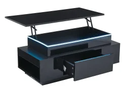 Hauss Spole Mesa de centro retangular 96x45x40cm com tampo elevatório e 1 gaveta, amplo espaço de arrumação integrado, LED incluído, corpo em laca preta brilhante^ Mesa De Centro