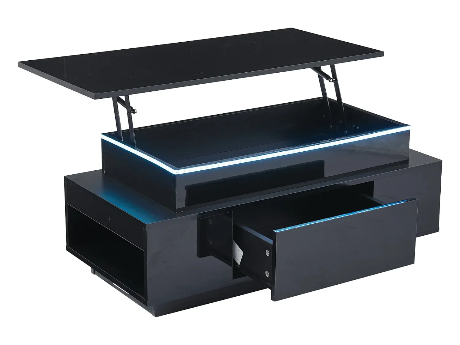 Hauss Spole Mesa de centro retangular 96x45x40cm com tampo elevatório e 1 gaveta, amplo espaço de arrumação integrado, LED incluído, corpo em laca preta brilhante^ Mesa De Centro