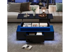 Hauss Spole Mesa de centro retangular 96x45x40cm com tampo elevatório e 1 gaveta, amplo espaço de arrumação integrado, LED incluído, corpo em laca preta brilhante^ Mesa De Centro