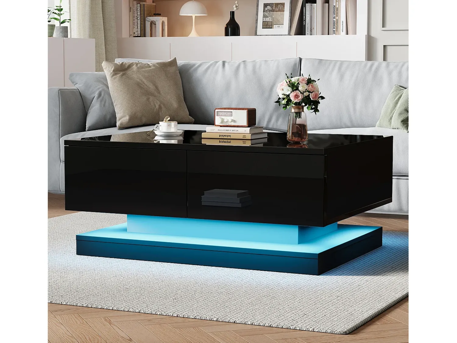 Mesa De Centro|Hauss Spole Mesa de centro retangular 90x50x38cm com 2 gavetas, LED incluído, corpo em laca preta brilhante Preto