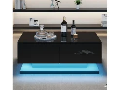 Mesa De Centro|Hauss Spole Mesa de centro retangular 90x50x38cm com 2 gavetas, LED incluído, corpo em laca preta brilhante Preto