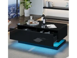 Mesa De Centro|Hauss Spole Mesa de centro retangular 90x50x38cm com 2 gavetas, LED incluído, corpo em laca preta brilhante Preto