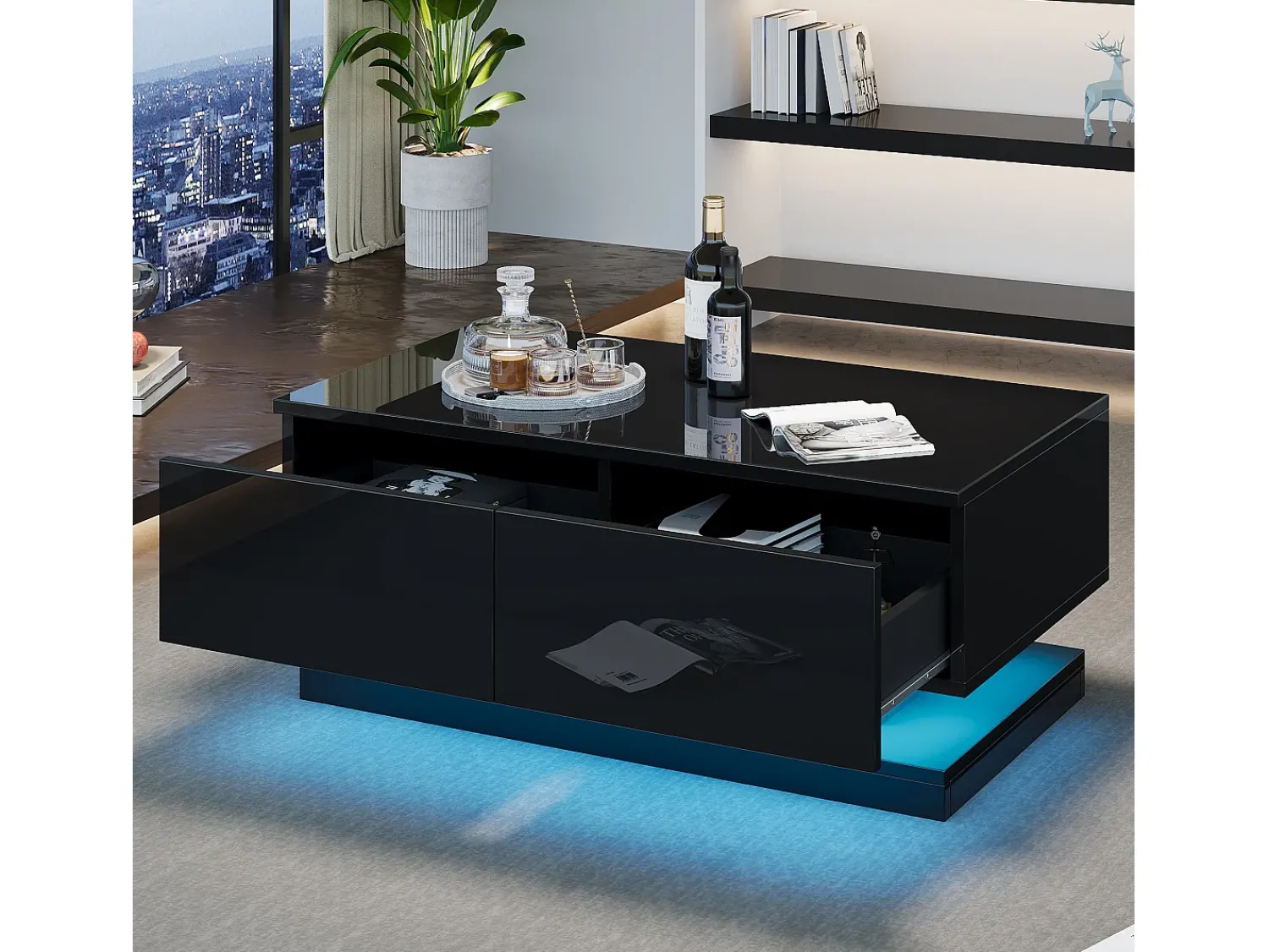 Mesa De Centro|Hauss Spole Mesa de centro retangular 90x50x38cm com 2 gavetas, LED incluído, corpo em laca preta brilhante Preto